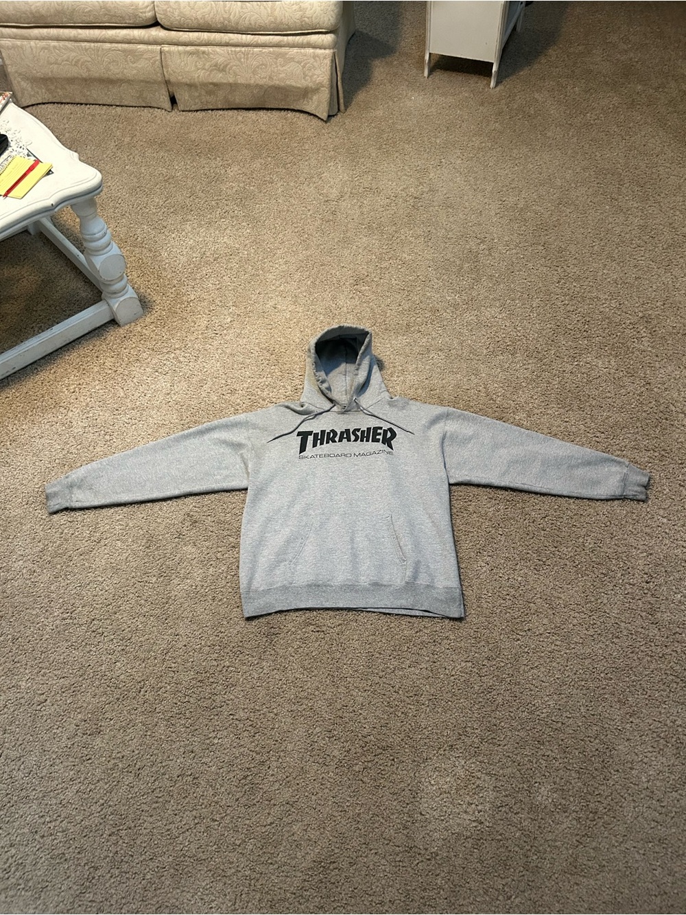 Thrasher Skateboard Magazine Hoodie Men Medium Gray Drawstring Long Sleeve Used